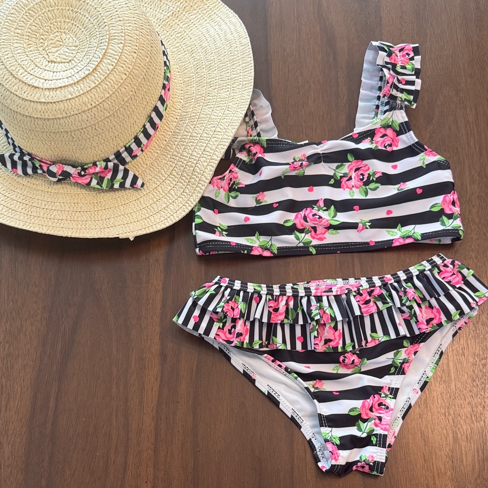 Betsey Johnson Pink Floral Striped kids Bikini